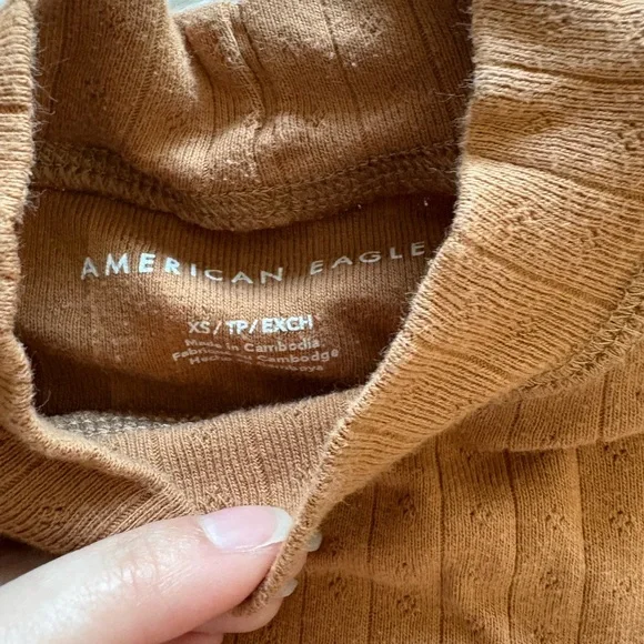 American Eagle Pointelle Orange Mock Neck Long Sleeve - Picture 2 of 6